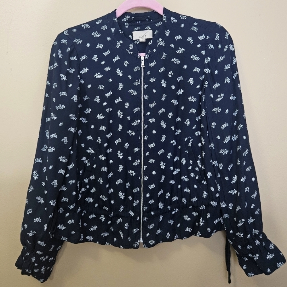 Loft Floral Bomber Jacket Women's Size XS Navy Blue